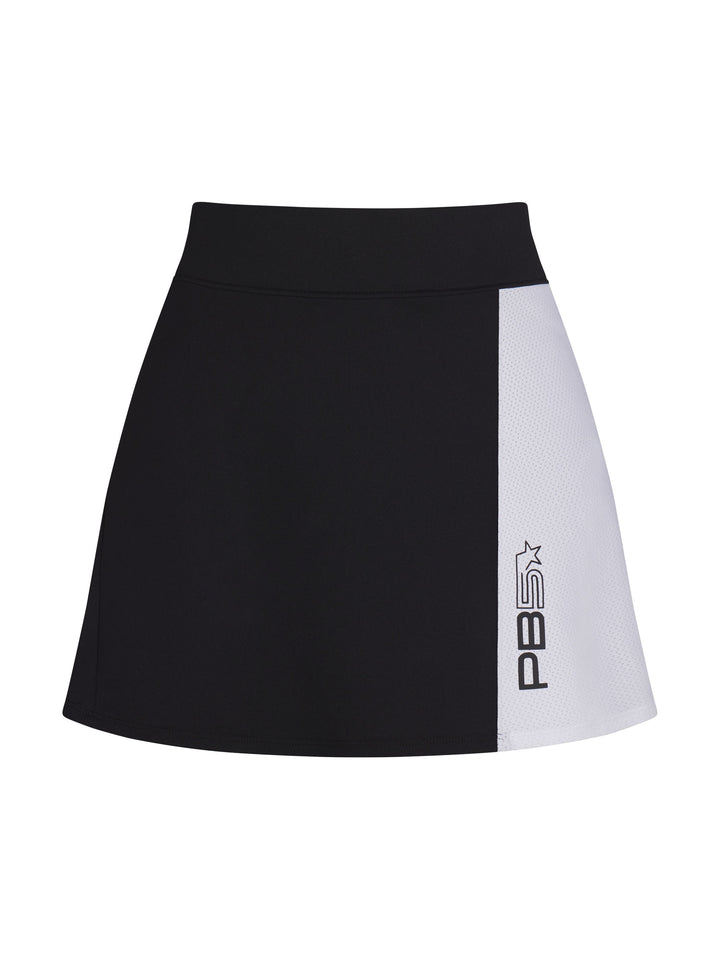 Mesh Panel Pickleball Skirt front view in Black and White. Logo on bottom left side.