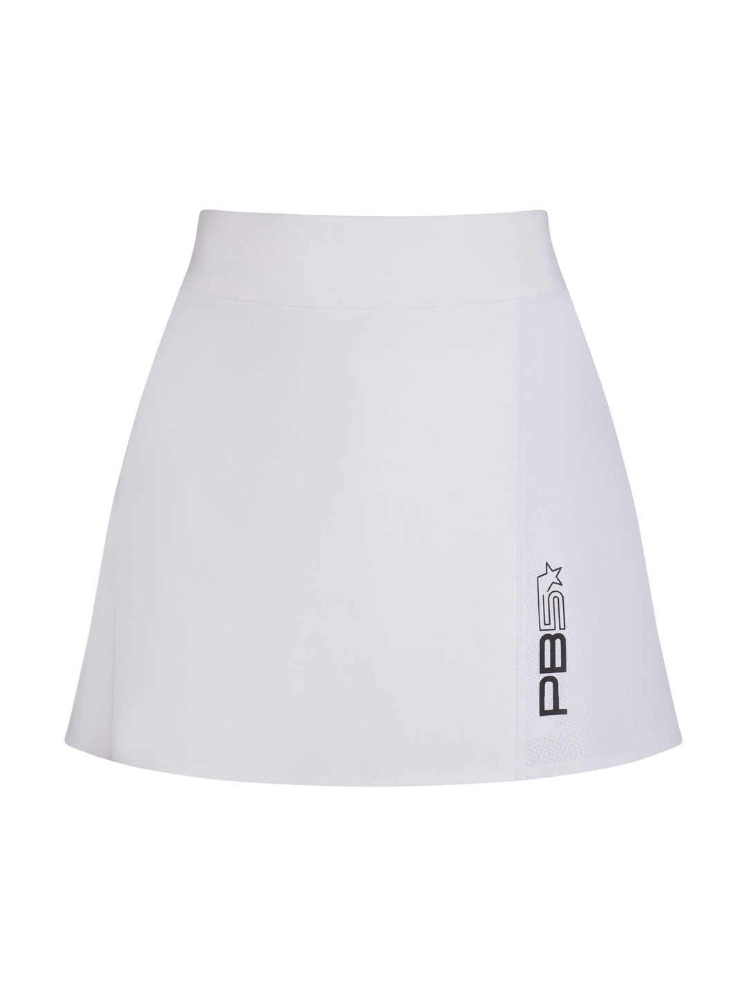 Mesh Panel Pickleball Skirt front view in White. Logo on bottom left side.