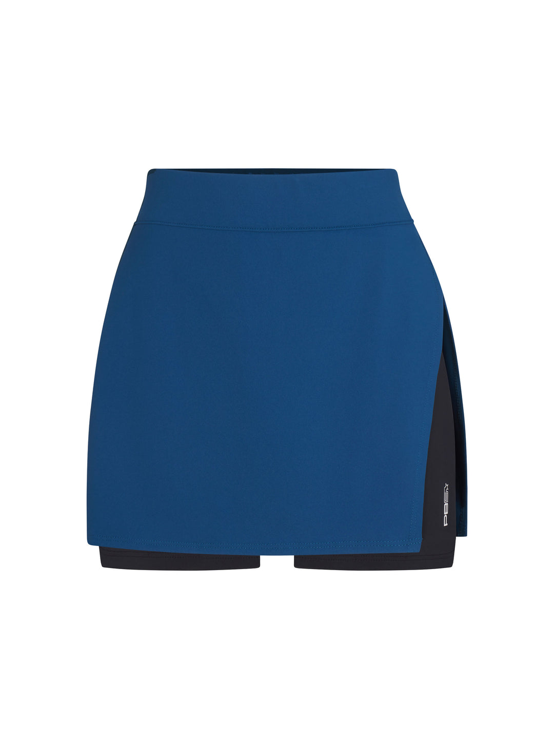  Side Split Skirt front view in astral blue and black. Small logo on left leg.