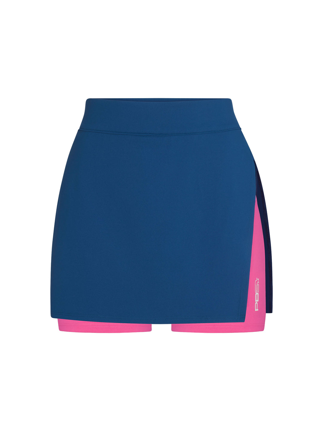 Side Split Skirt front view in astral blue and pink. Small logo on left leg.