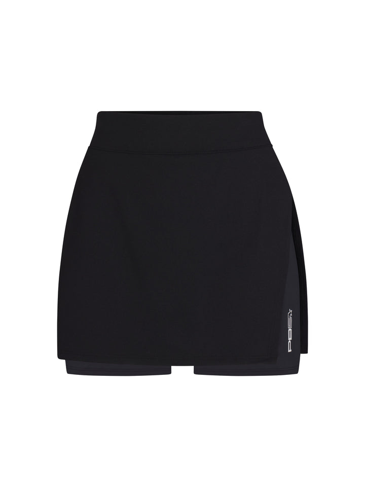 Side Split Skirt front view in black. Small logo on left leg.
