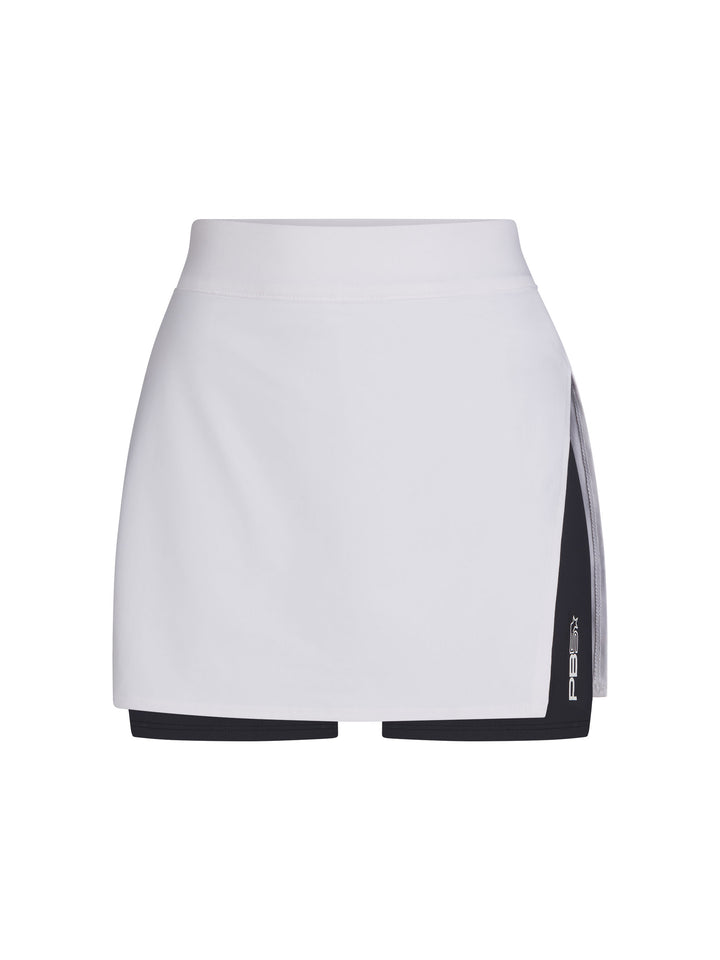 Side Split Skirt front view in white and black. Small logo on left leg.