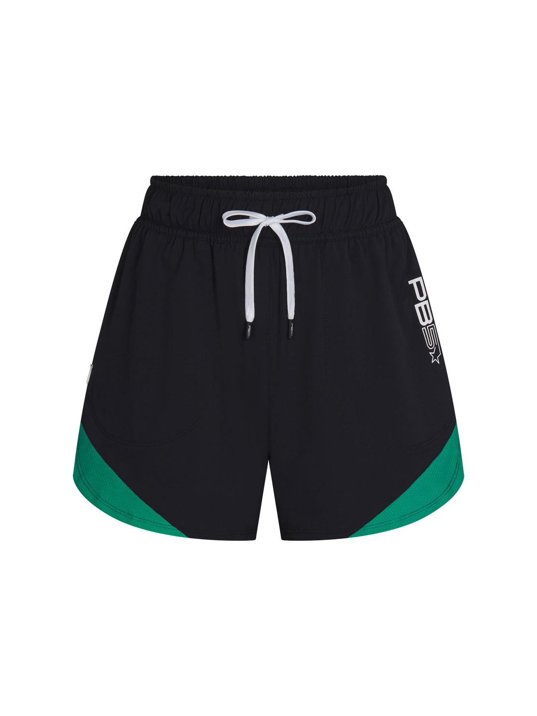 Women's Vented Court Short front view in Black and Jade. Logo on left side seam.