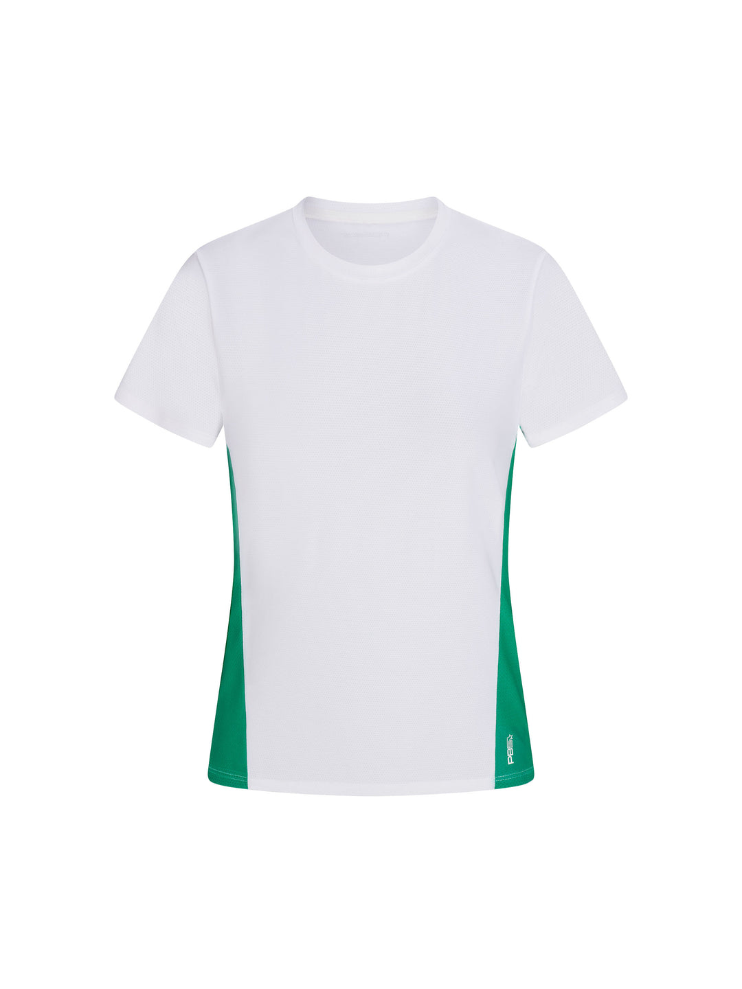 Women's Vented Court Tee front view in white and jade. Small logo on lower left side.