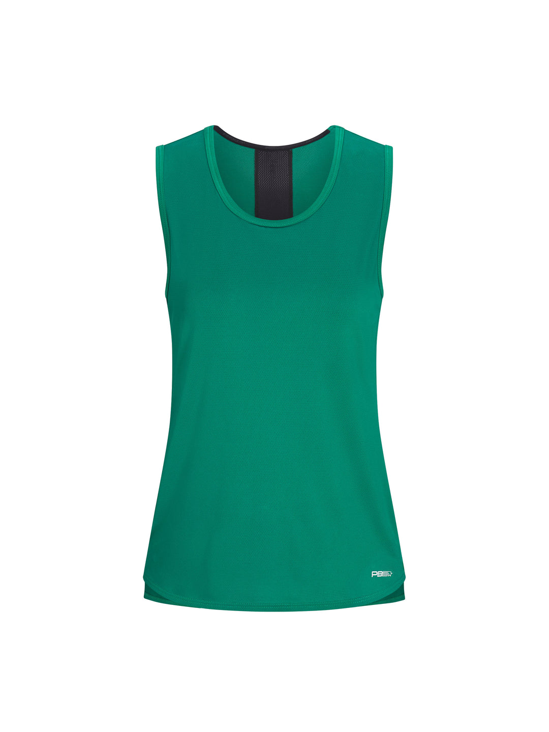 Women's Vented Tank front view in jade with black stripe down center back. Small logo on lower left side.
