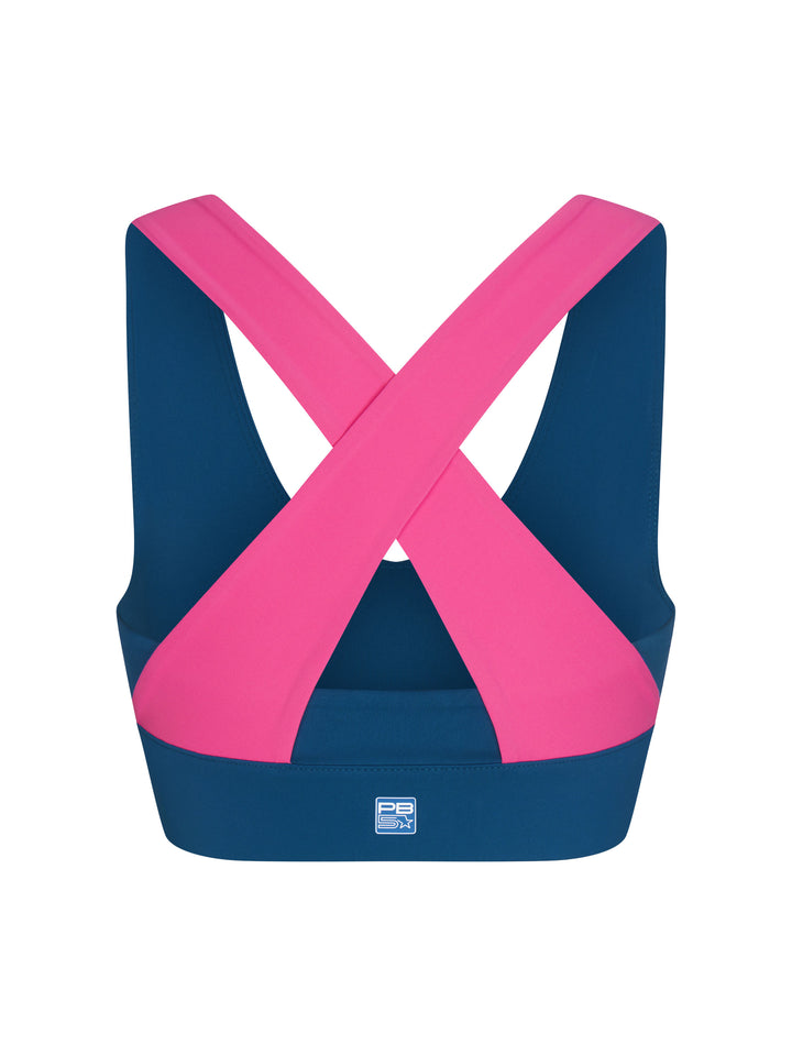 X-Over Back Sports Bra back view in astral blue and pink.