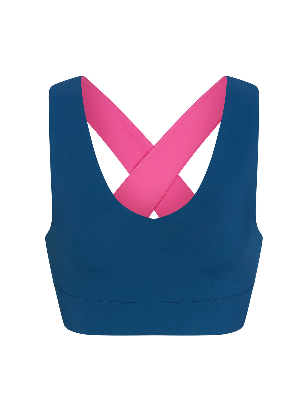 X-Over Back Sports Bra front view in astral blue and pink.