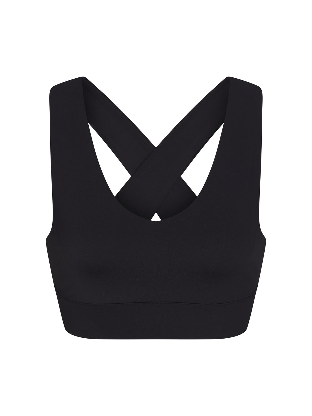 X-Over Back Sports Bra front view in black.
