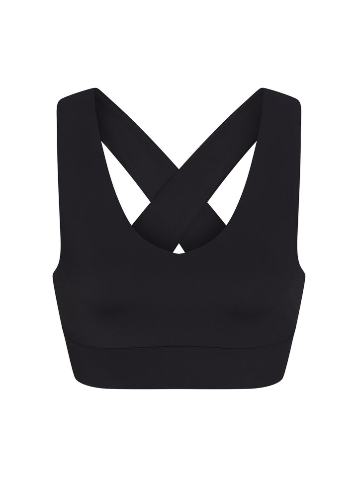X-Over Back Sports Bra front view in black.