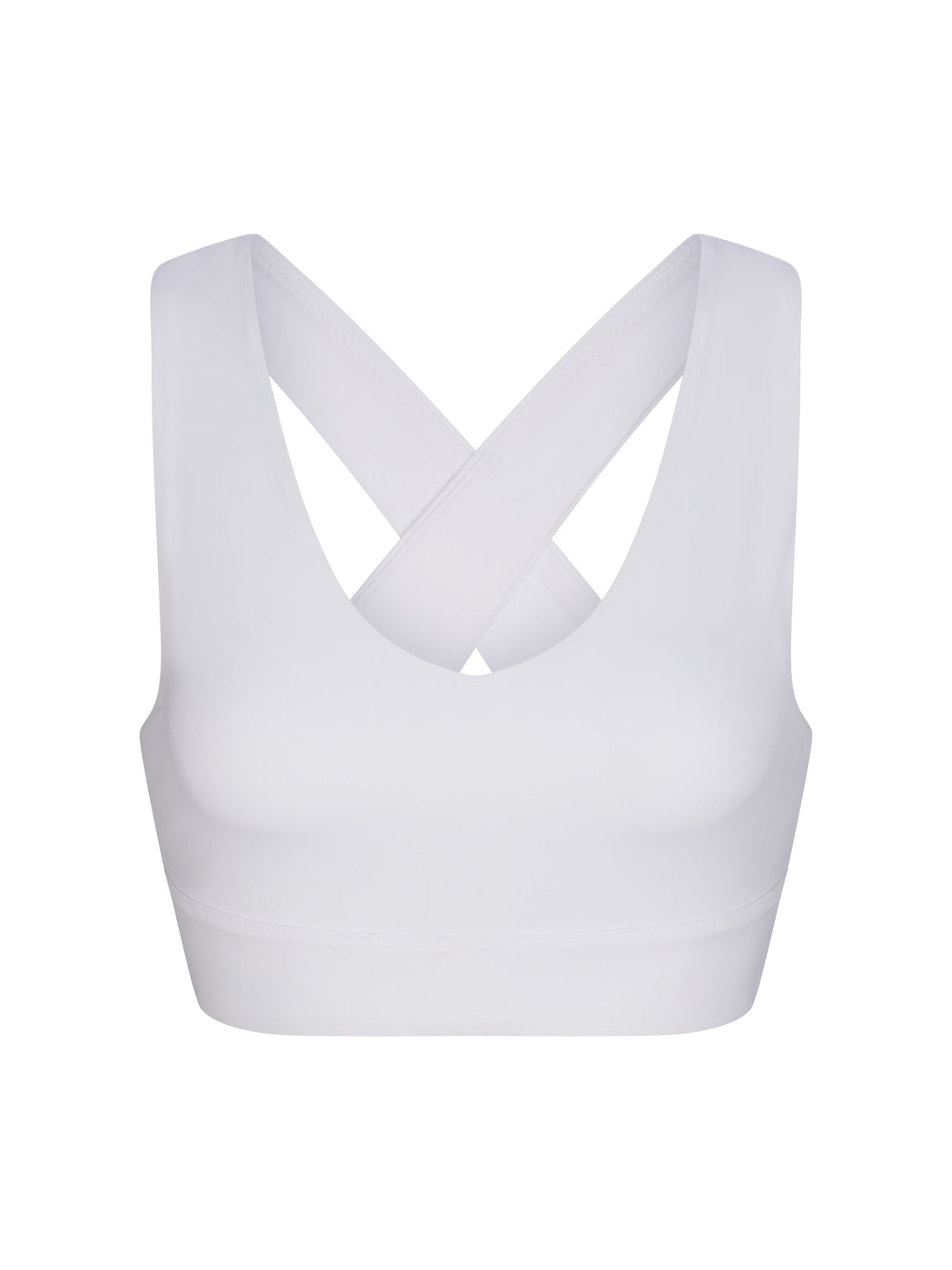 X-Over Back Sports Bra front view in white.