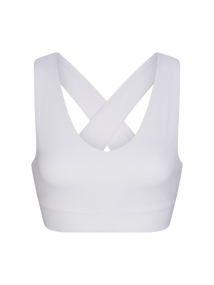 X-Over Back Sports Bra front view in white.