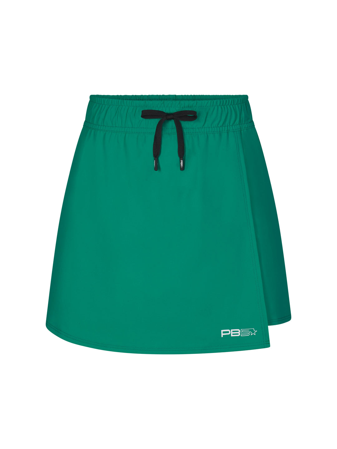 Women's Lightweight Wrap skirt front view in jade with black drawstring. Small Logo on lower left hem.