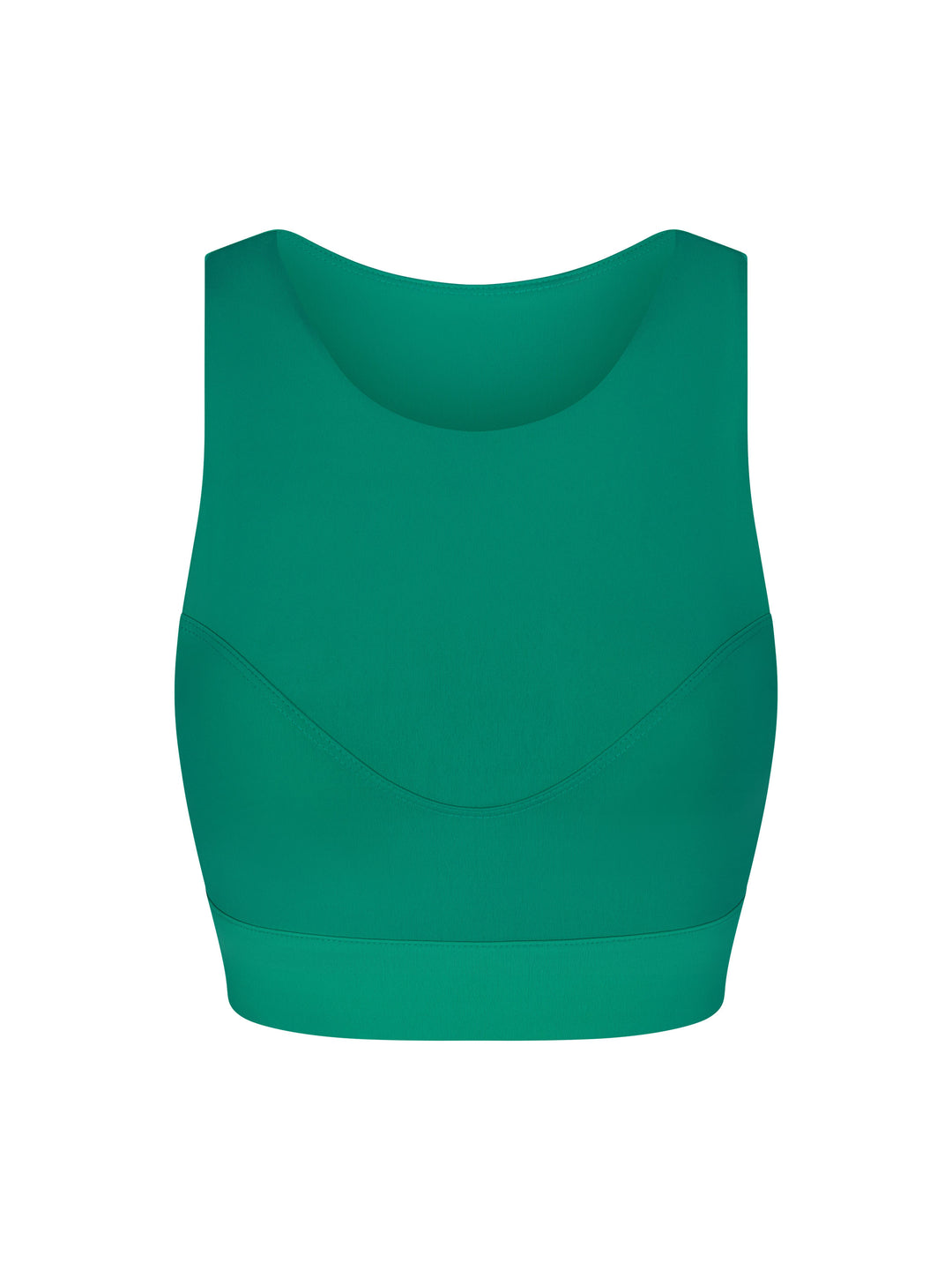 Racer Back Sports Bra with a high neck line, front view in jade.