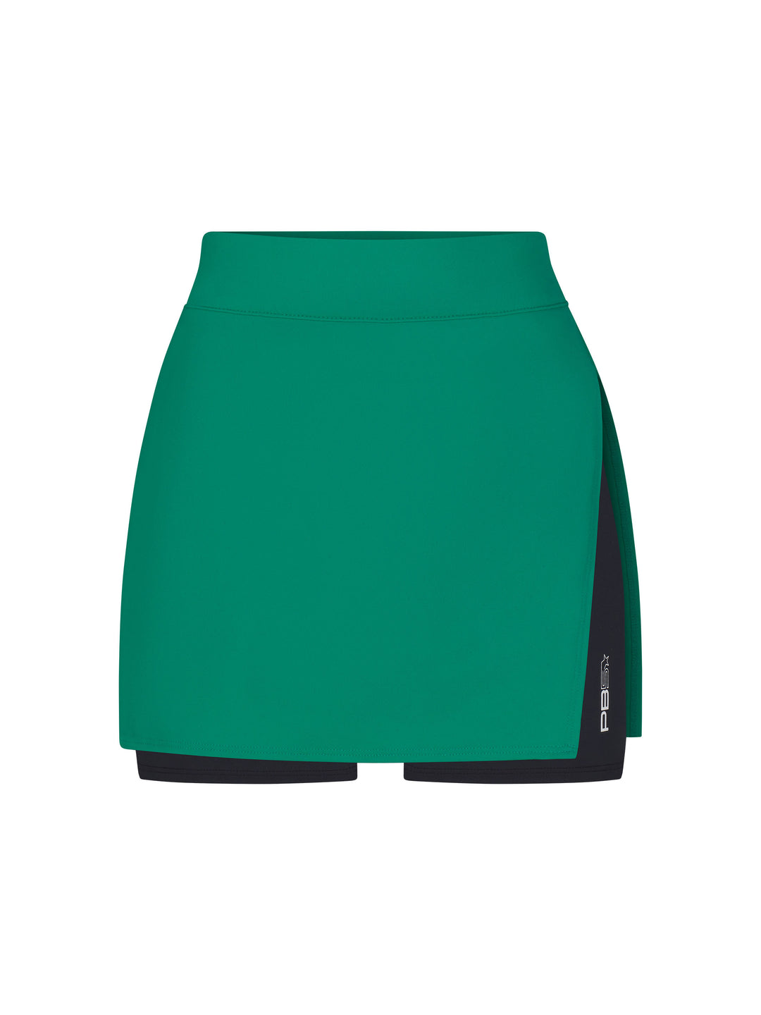 Side Split Skirt front view in jade and black. Small logo on left leg.