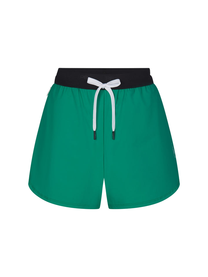 Women's Signature Court Short in jade with black waistband with white drawstring.