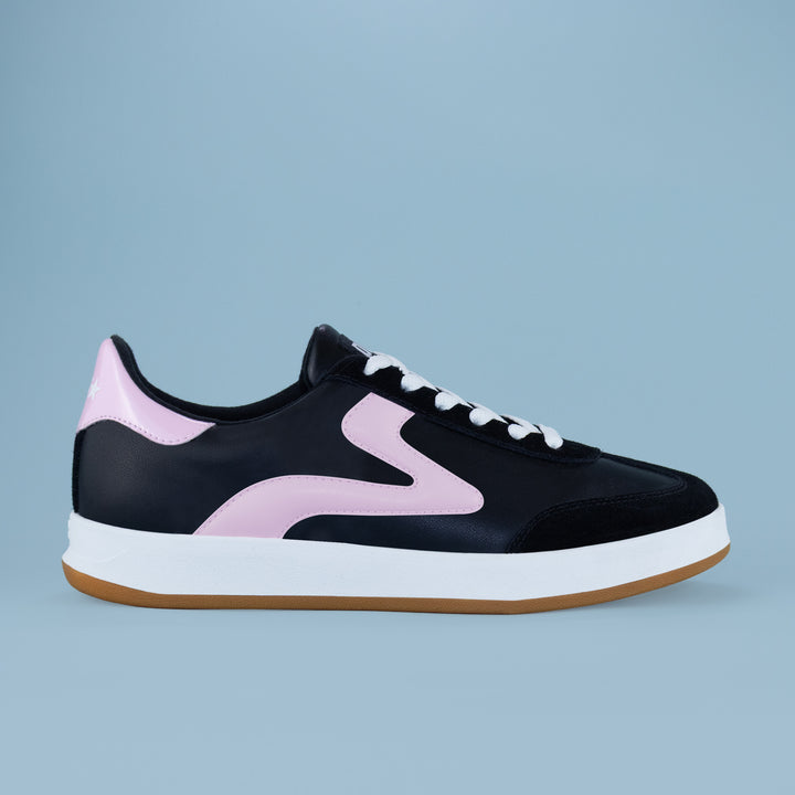 PB5star women’s Cosmic sneaker in black-powder pink, side profile view with gum rubber sole