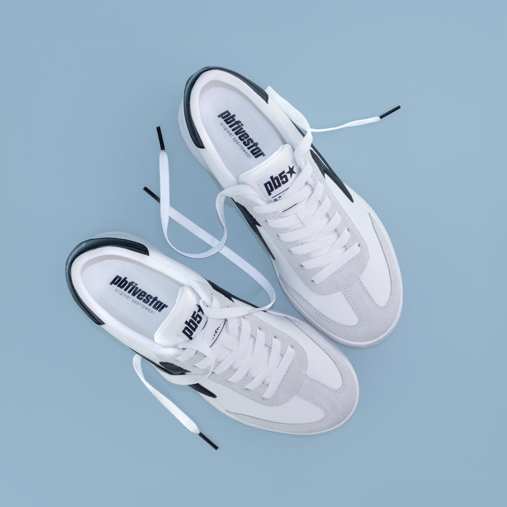 Top view of PB5star women’s Cosmic pickleball court shoes in white, black, and grey — lightweight athletic footwear.