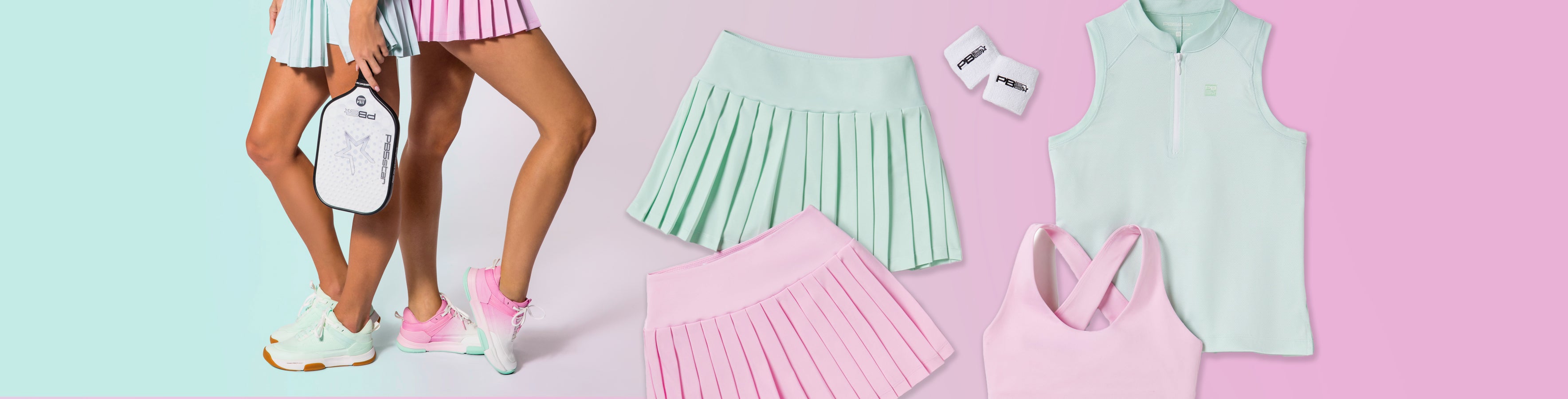 Women's pickleball outfits including pastel pleated skirts, sleeveless tops, performance shoes in mint and pink