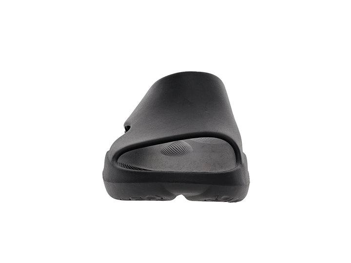 Front view of men’s Apres Sport black slide sandal with open toe and cushioned footbed - PB5star.com