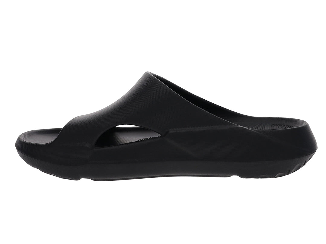 Side inside view of men’s Apres Sport black slide sandal featuring arch cutout design - PB5star.com
