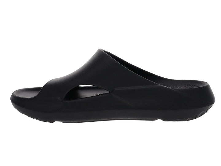Side inside view of men’s Apres Sport black slide sandal featuring arch cutout design - PB5star.com