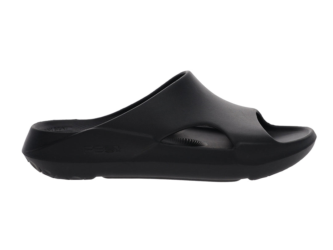 Side view of men’s Apres Sport black slide sandal with cushioned footbed - PB5star.com