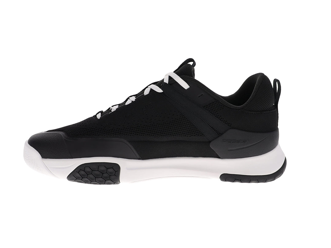 Inner side view of men’s PB5star Court 2 black-white pickleball shoes with breathable mesh and white outsole - PB5star.com