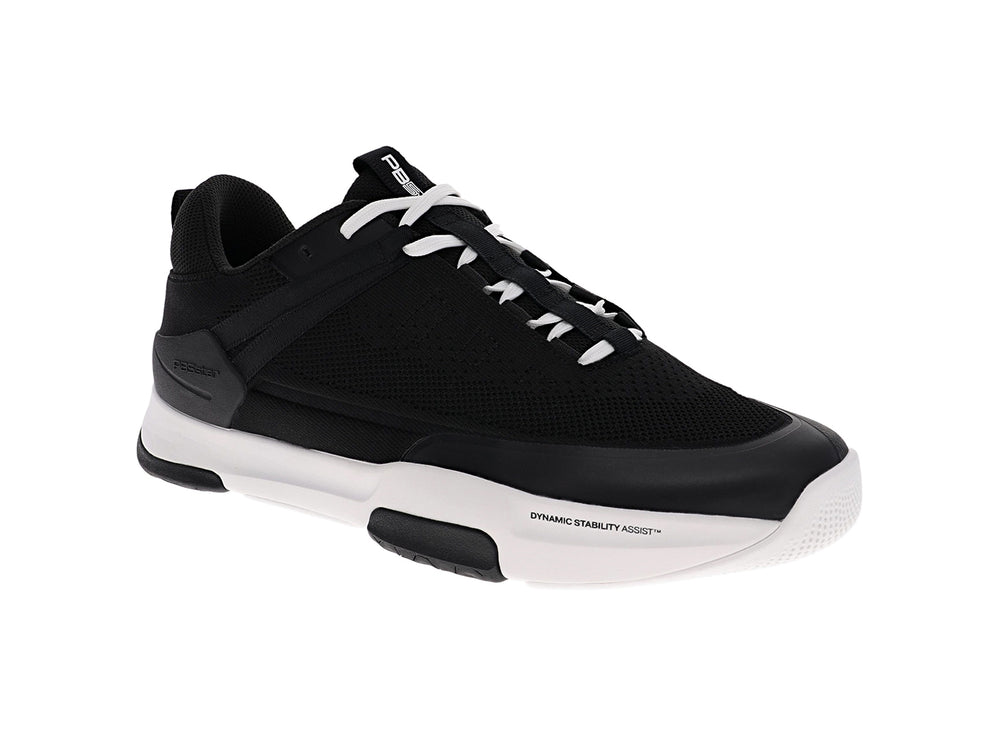 Angled view of men’s PB5star Court 2 black-white pickleball shoes with mesh upper and white outsole - PB5star.com