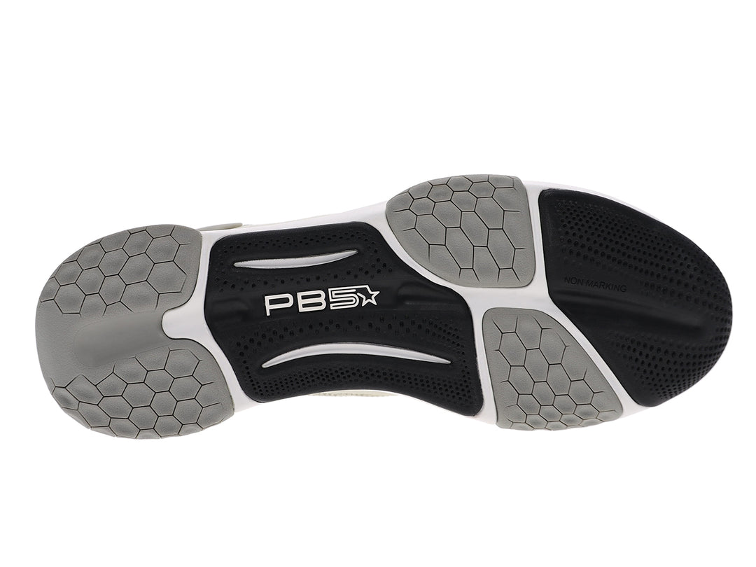 Bottom sole view of men’s PB5star Court 2 light grey  pickleball shoes with non-marking tread - PB5star.com