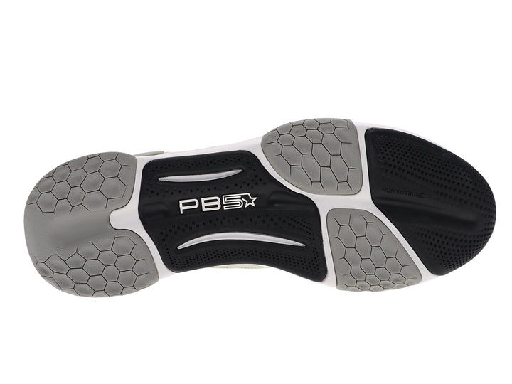 Bottom sole view of men’s PB5star Court 2 light grey  pickleball shoes with non-marking tread - PB5star.com