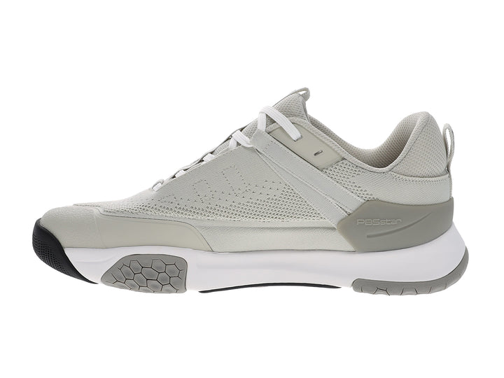 Inner side view of men’s PB5star Court 2 light grey pickleball shoes with breathable mesh and white outsole - PB5star.com