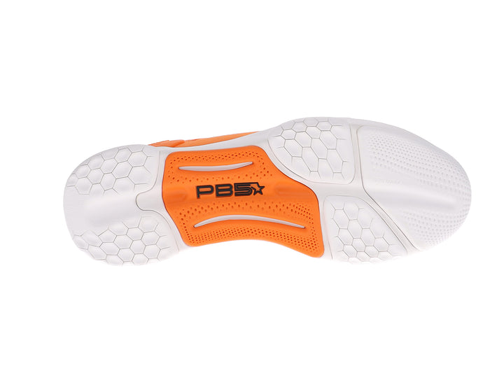 Bottom sole view of men’s PB5star Court 2 tangerine pickleball shoes with non-marking tread - PB5star.com