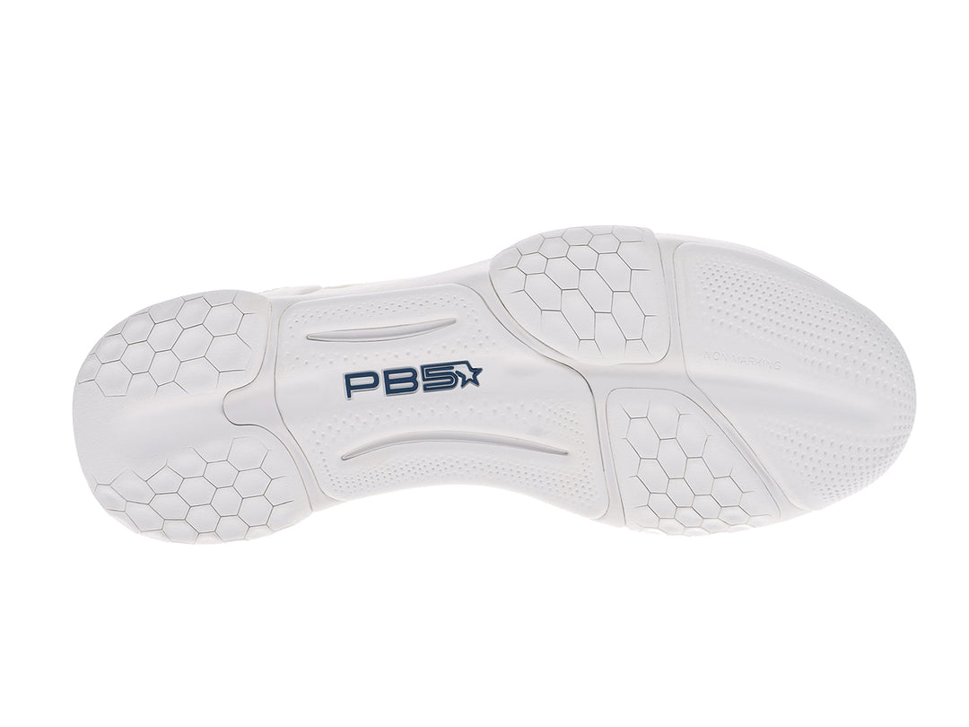Bottom sole view of men’s PB5star Court 2 white pickleball shoes with non-marking tread - PB5star.com