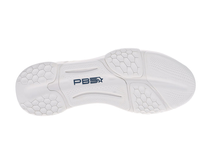 Bottom sole view of men’s PB5star Court 2 white pickleball shoes with non-marking tread - PB5star.com