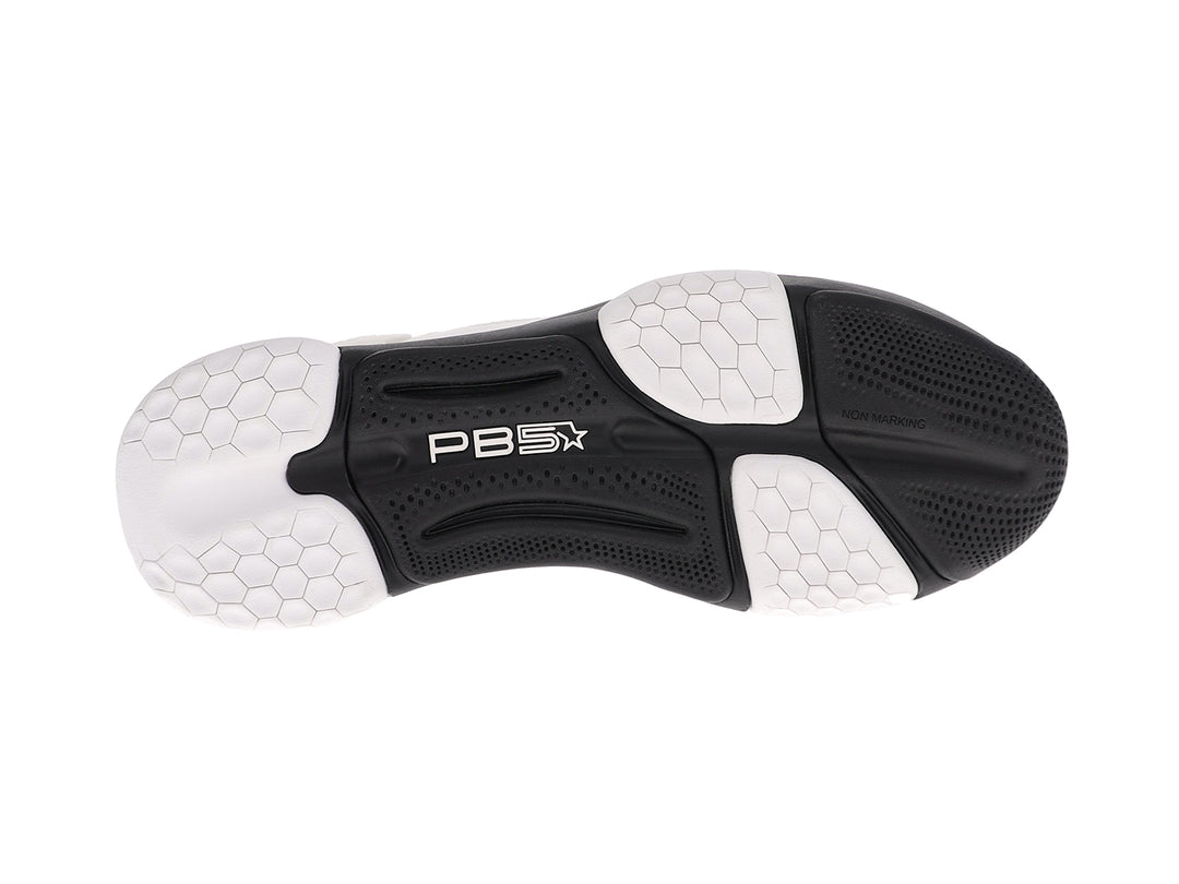 Bottom sole view of men’s PB5star Court 2 white-black pickleball shoes with non-marking tread - PB5star.com