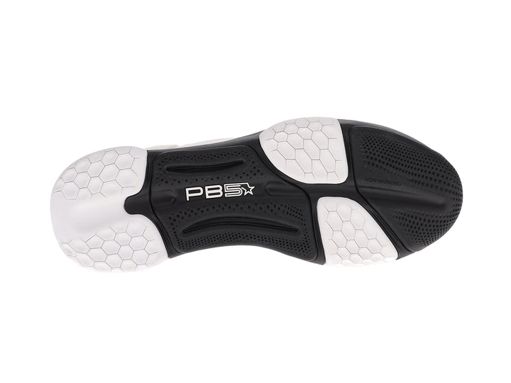Bottom sole view of men’s PB5star Court 2 white-black pickleball shoes with non-marking tread - PB5star.com