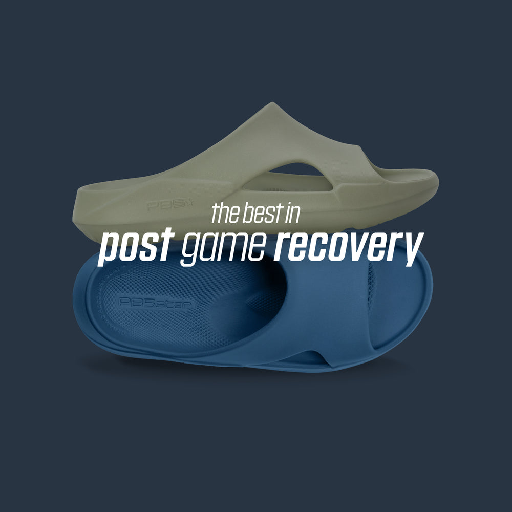 PB5star post-game recovery sandals in olive green and navy blue, designed for athletic foot support and comfort after pickleball play