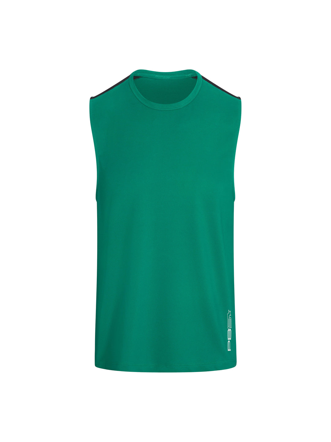 Men's Vented Sleeveless Tee front view in jade. Logo on lower left side seam.