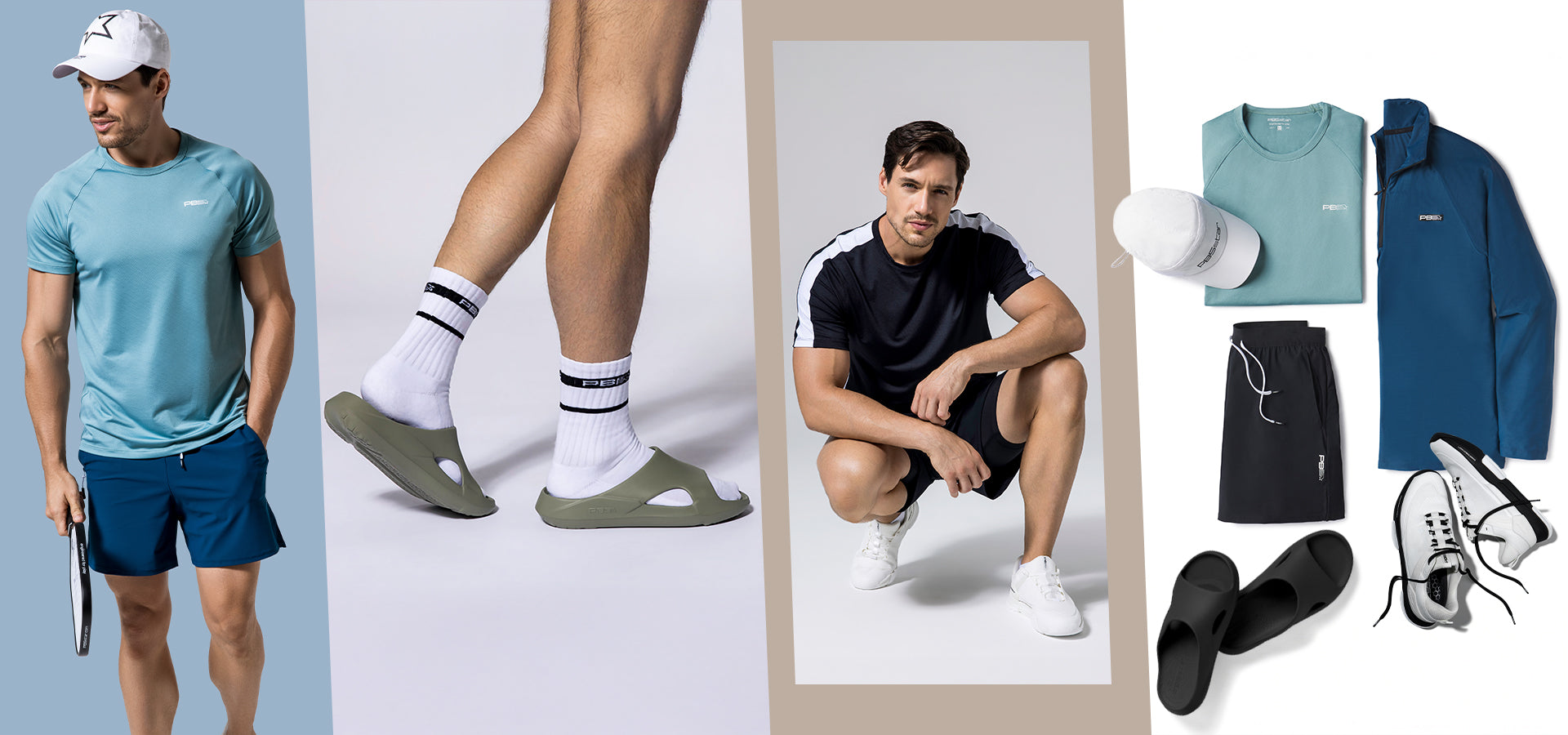 PB5Star men's activewear and footwear collage featuring performance t-shirts, shorts, slides, sneakers, and accessories – stylish athletic essentials for training, pickleball, and everyday wear.