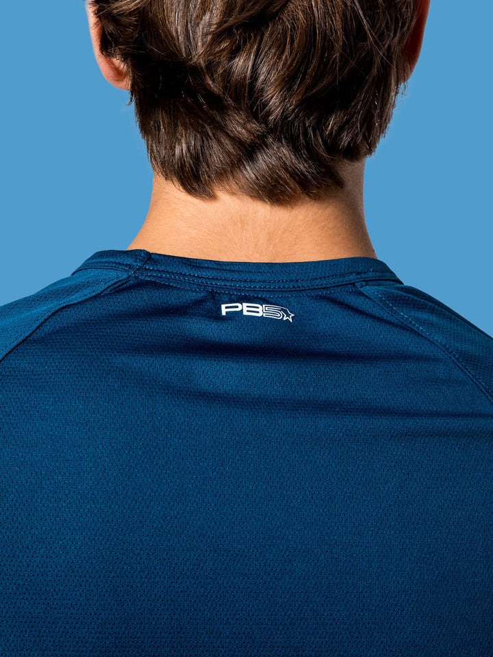 Close-up on the back of a PB5star Core Performance Tee in astral blue, featuring breathable fabric for pickleball players.