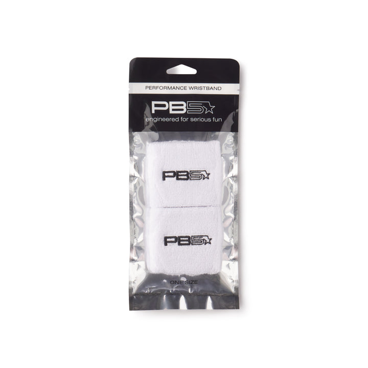 PB5star performance wristbands in white, packaged in a clear plastic bag with black branding. Engineered for serious fun, one-size fits all.