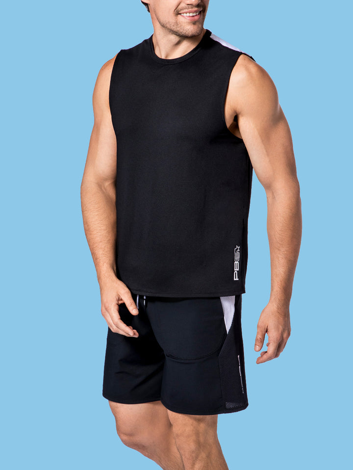 Fit male model wearing PB5star black Vented Court Shorts, suitable for sports and active lifestyle.