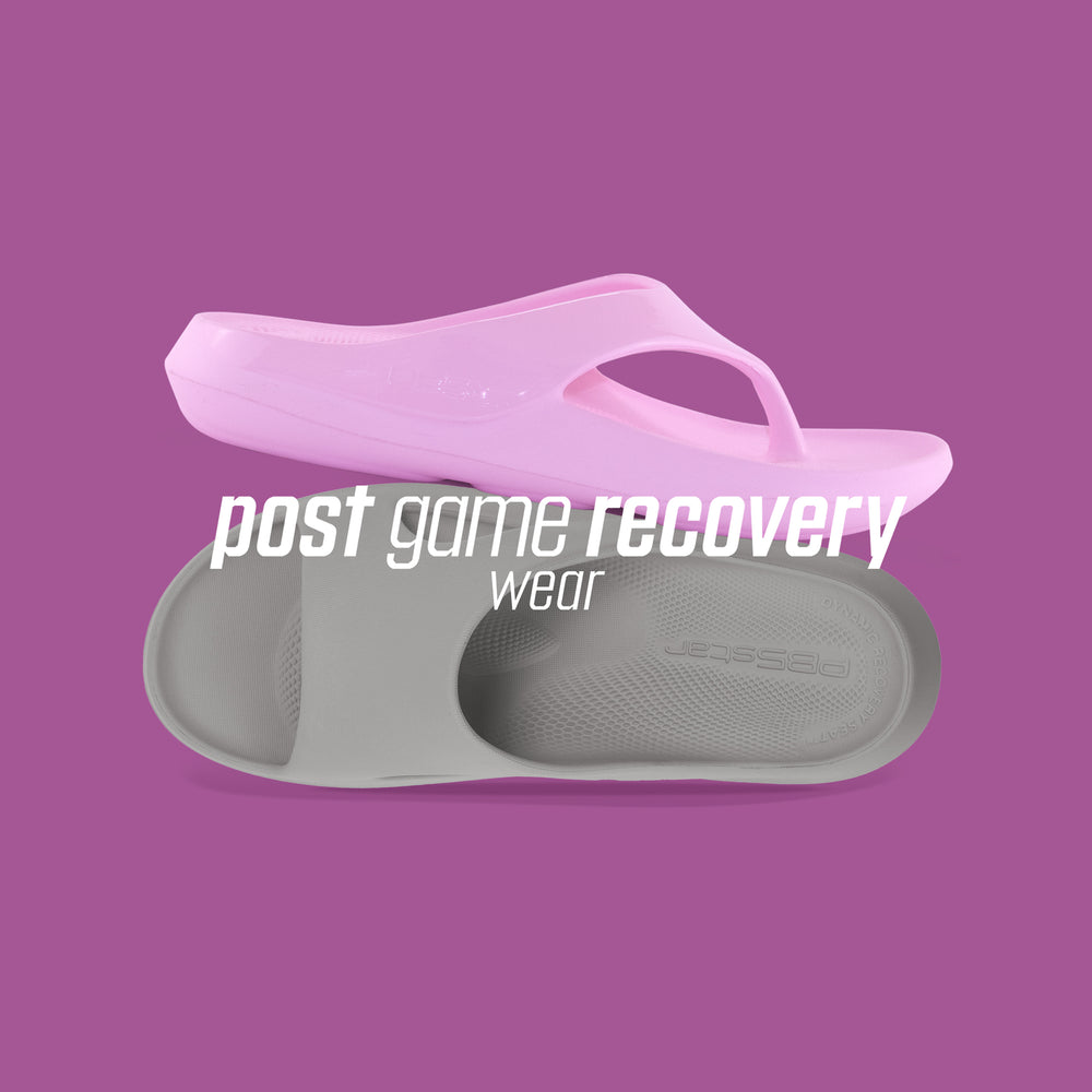 PB5star post-game recovery sandals in pink and gray, designed for athlete comfort and foot recovery after pickleball