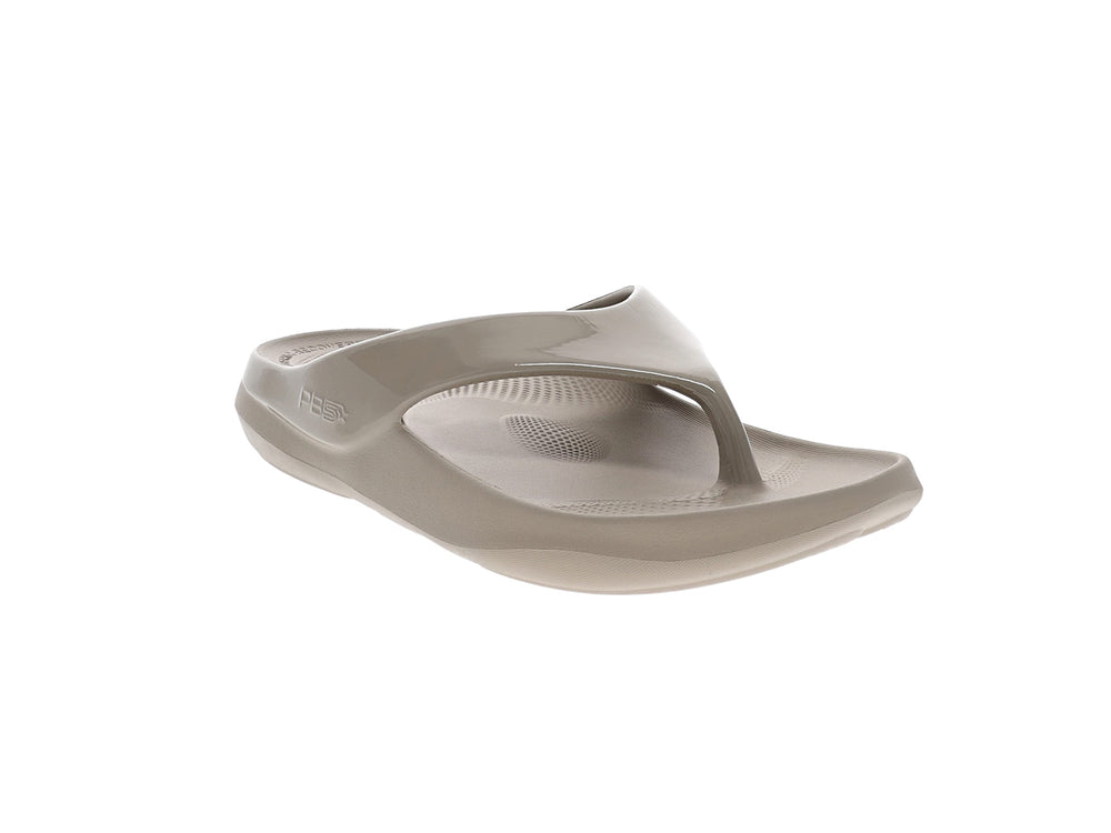 Angled view of women’s Apres Sport titanium flip flop sandal with supportive cushioned sole - PB5star.com