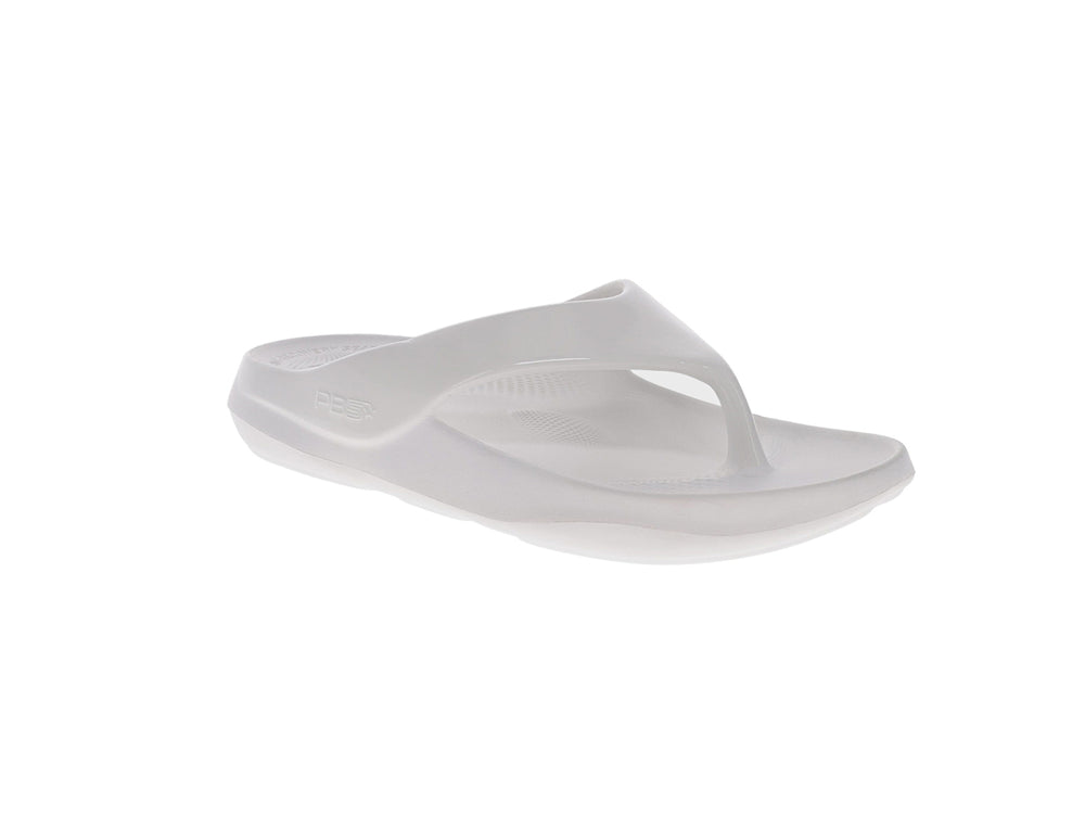 Angled view of women’s Apres Sport white flip flop sandal with supportive cushioned sole - PB5star.com