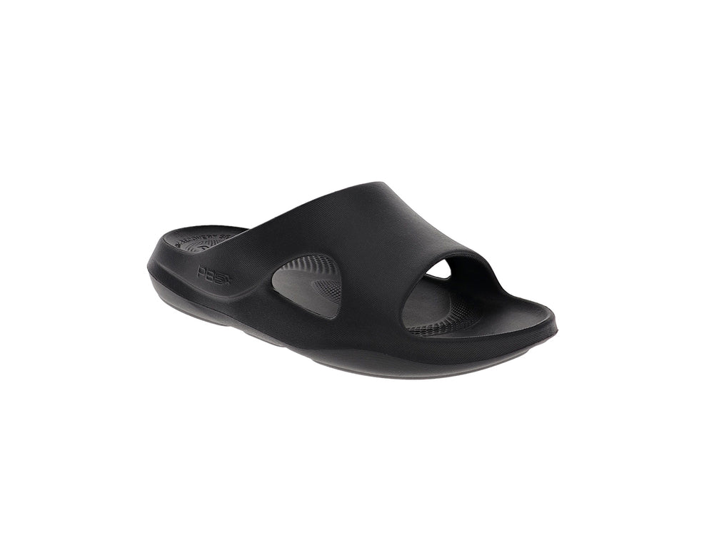Angled view of women’s Apres Sport black slide sandal with open toe and cushioned footbed - PB5star.com