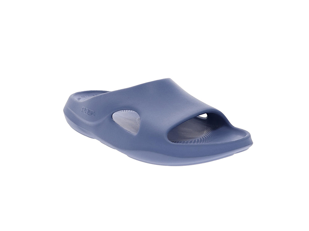 Angled view of women’s Apres Sport dusk slide sandal with open toe and cushioned footbed - PB5star.com