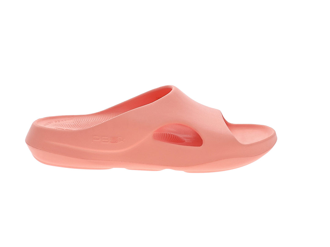 Side view of women’s Apres Sport peach slide sandal with breathable arch cutout - PB5star.com