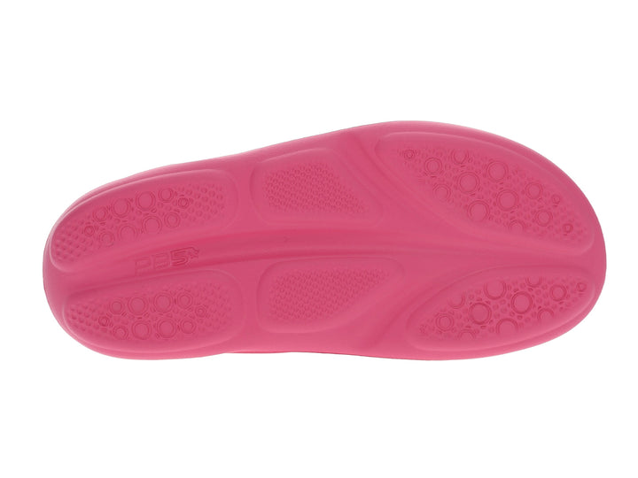 Bottom view of women’s Apres Sport Pink slide sandal featuring textured comfort sole - PB5star.com