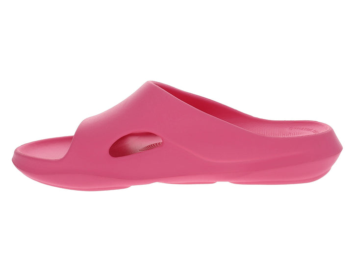 Side inside view of women’s Apres Sport pink slide sandal featuring open arch design - PB5star.com